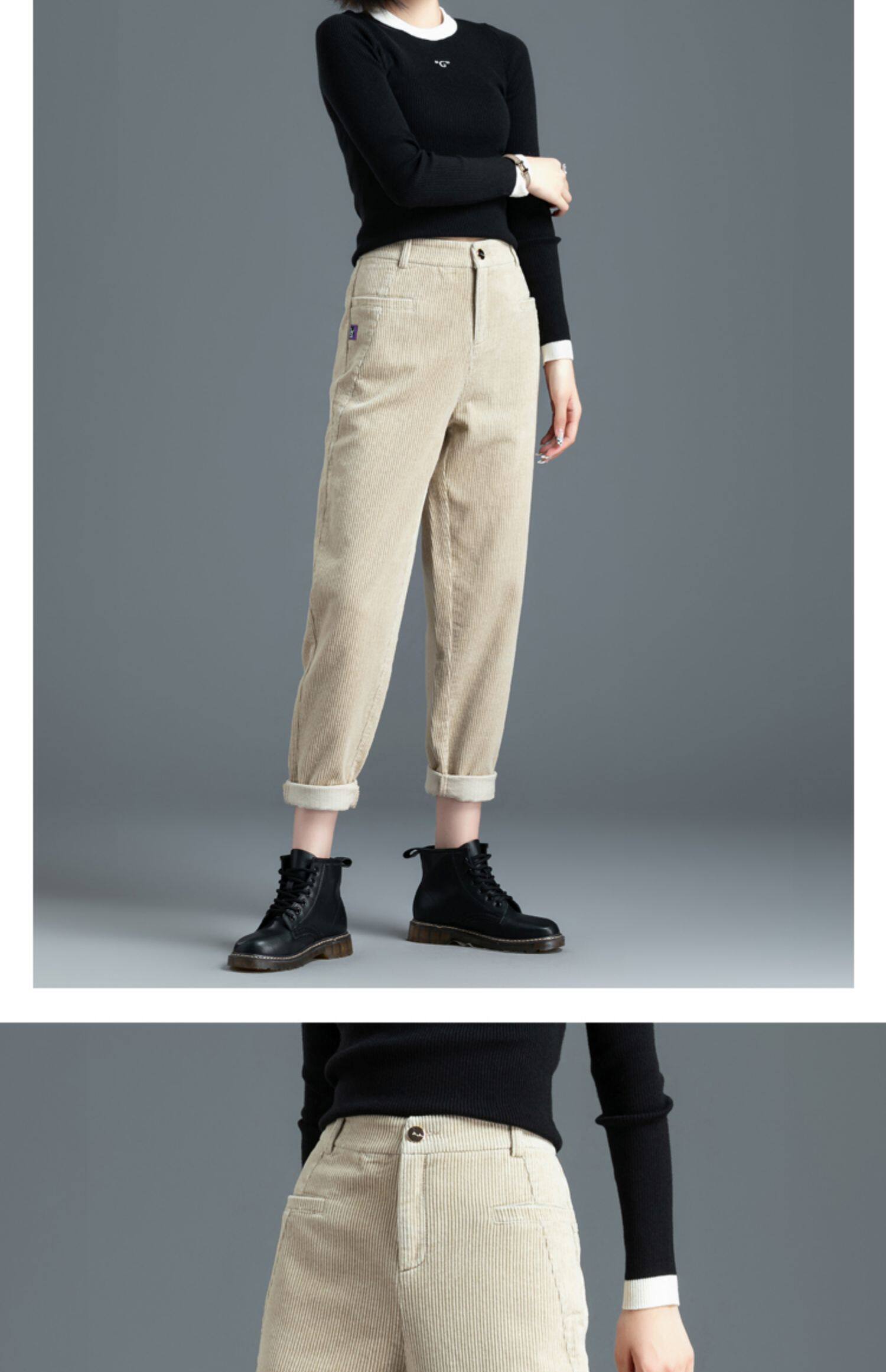 紫色条绒裤子女春秋加绒2022新款老爹哈伦裤灯芯绒女裤休闲萝卜裤