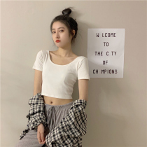 2021 summer low neck high waist short sleeve t-shirt womens doubles U navel short base shirt tight body Jazz Dance Top