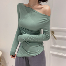 2021 Spring and Autumn Winter slim cut off shoulder long sleeve T-shirt women temperament shoulder sexy base shirt top ins tide