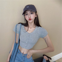 Europe and the United States ins Net red with short sleeve button base shirt short open umbilical tight chest cotton T-shirt female summer coat