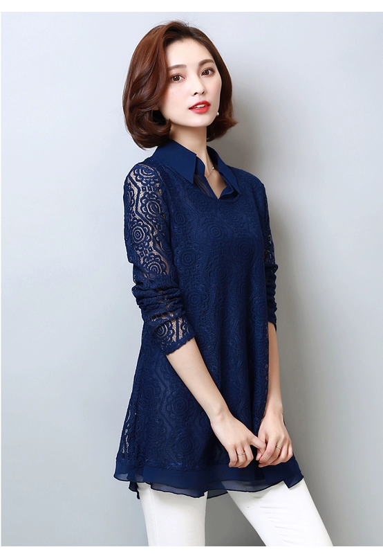 Em gái béo mùa xuân và mùa thu áo sơ mi ren dài tay mỏng cộng với kích thước áo sơ mi nữ đáy dài giữa hai mảnh voan trên - Áo sơ mi chiffon ren