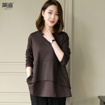 Jane Han belly cover top women show thin 2020 spring new fat MM large size womens black base shirt top Korean version