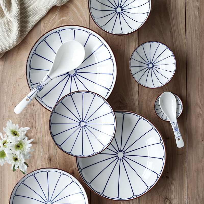 Sichuan island house young Japanese contracted blue line ceramic plate household rainbow such as bowl of soup bowl dish dish of rice bowls plate