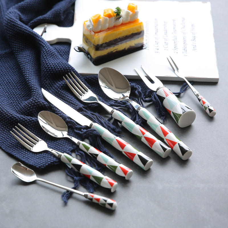 Sichuan island house color diamond plaid ceramic handle stainless steel tableware steak knife and fork spoon, coffee spoon, S - 34