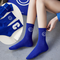 Klein blue socks female midbarrel socks outside wearing spring and autumn net red smiley face pure cotton long socks INS Chains Shot lovers Sox