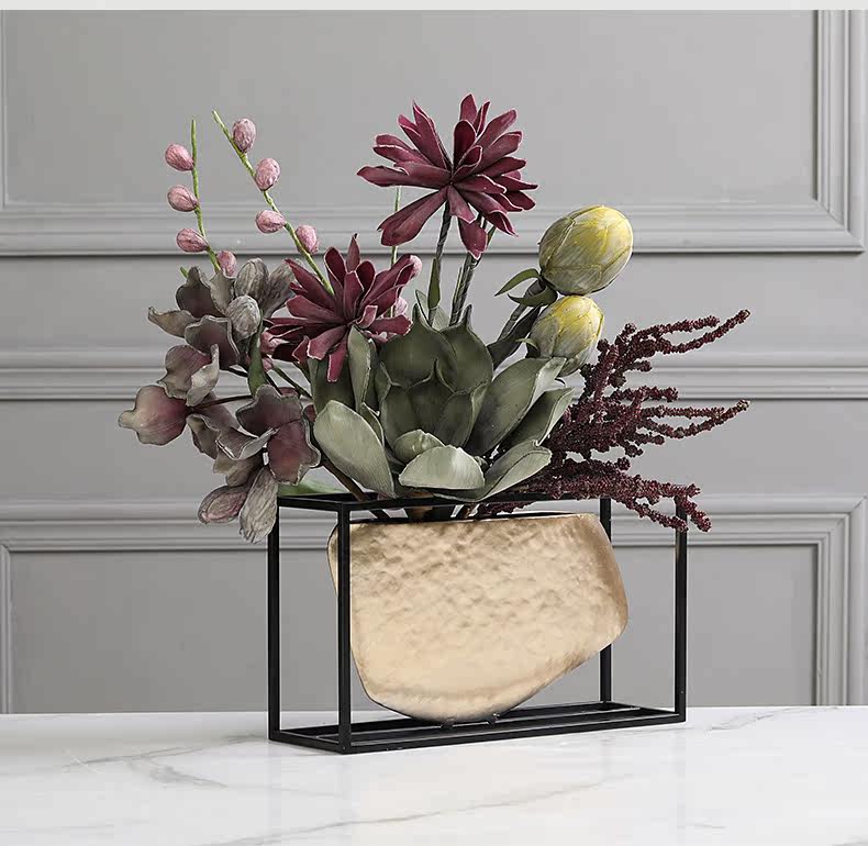 一件代发美式轻奢铁艺插花花瓶摆件 创意样板房客厅干花仿真花金