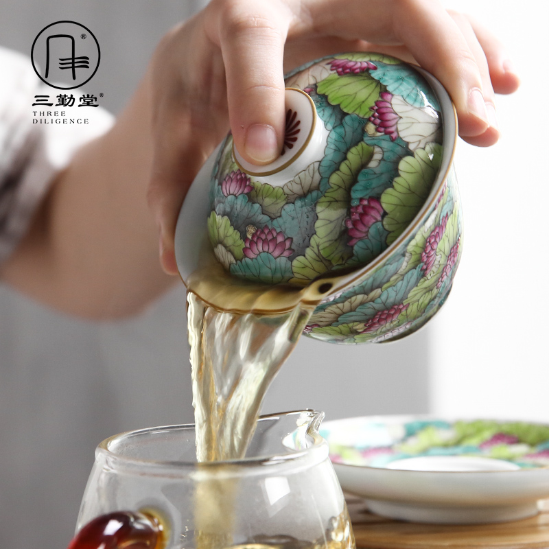 Three frequently hall tureen jingdezhen ceramic kung fu tea tea only Three bowl of pastel full technical university tureen S12045