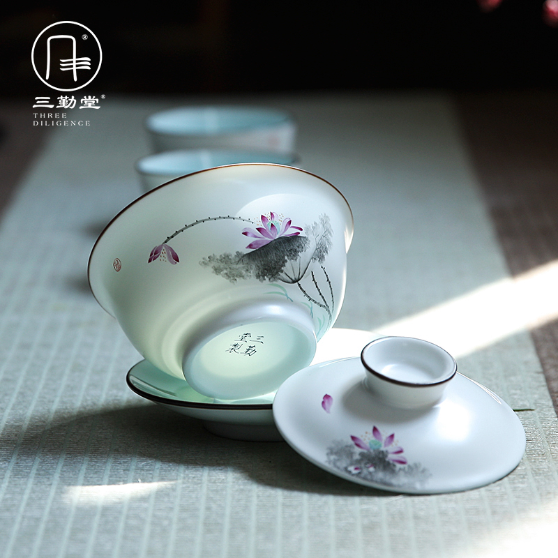 Three frequently hall tureen jingdezhen kung fu tea tea cups hand - made pastel Three cup large bowl suit