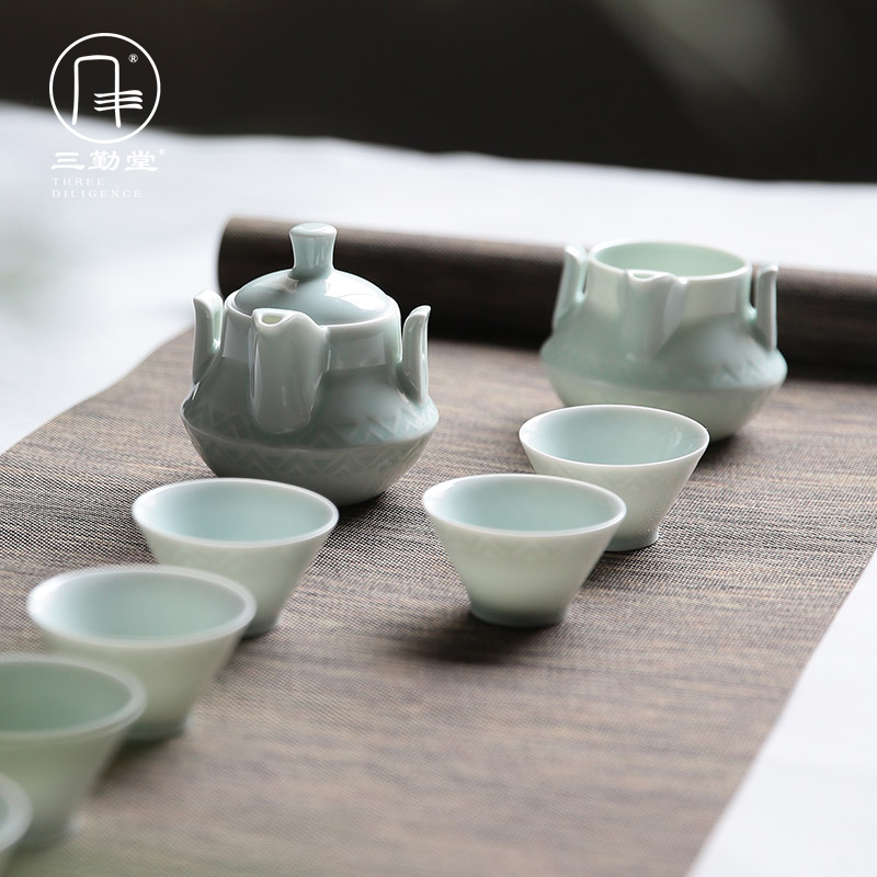 Three frequently hall jingdezhen kung fu tea sets tea service of a complete set of jingdezhen ceramic carved retro 8 head hand grasp pot