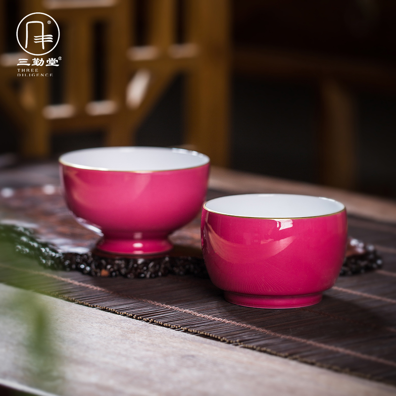 Three frequently hall jade mud carmine master cup single cup of jingdezhen ceramic cups kung fu tea set