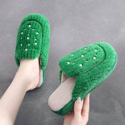 Autumn and winter thick-soled non-slip suede cotton slippers for women indoor plus velvet warm wedge heel sweet pearl fashion home shoes