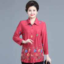 Spring and Autumn blouse middle-aged mother loose large size embroidered flower lapel shirt jacket Cotton silk thin cardigan summer