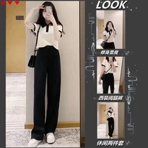 Small man suit women summer 2021 new student polo collar short sleeve t-shirt high waisted wide leg pants two-piece tide
