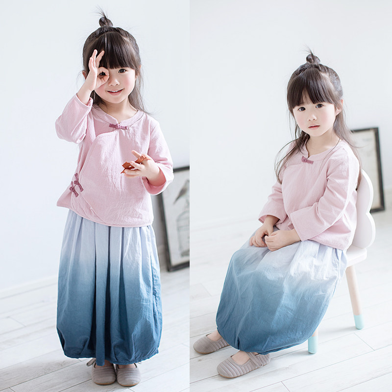 女童半身裙春款亲子装童装女宝宝渐变裙子民族风棉麻9分裙母女装_5折