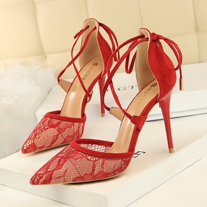 1627-6 European and American wind sexy high-heeled shoes high heel with shallow pointed mouth mesh lace cross hollow out