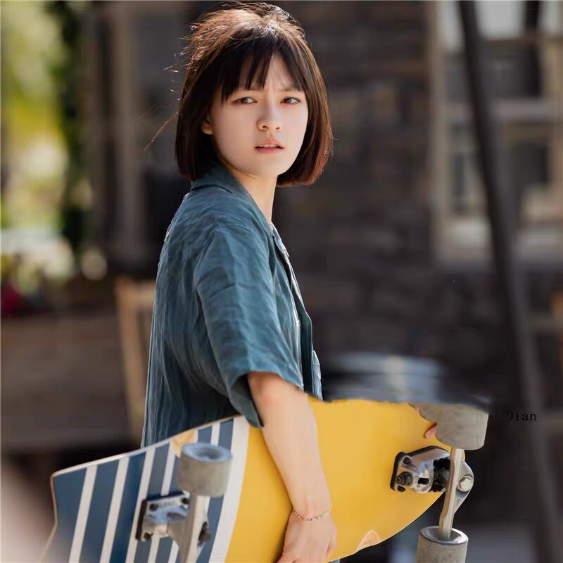 向往的生活文淇同款短袖立领衬衫刺绣衬衣松紧休闲短裤时尚套装 - 17