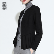 Fei Fei black slim wool coat slim lady autumn and winter round neck thin woolen short coat casual simple top