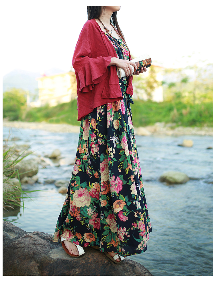 民族风连衣裙女夏2017红色复古一字肩吊带裙