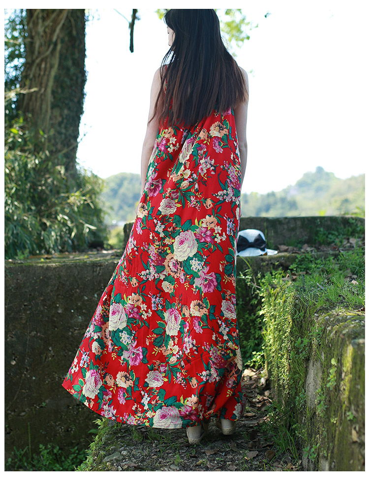 民族风连衣裙女夏2017红色复古一字肩吊带裙