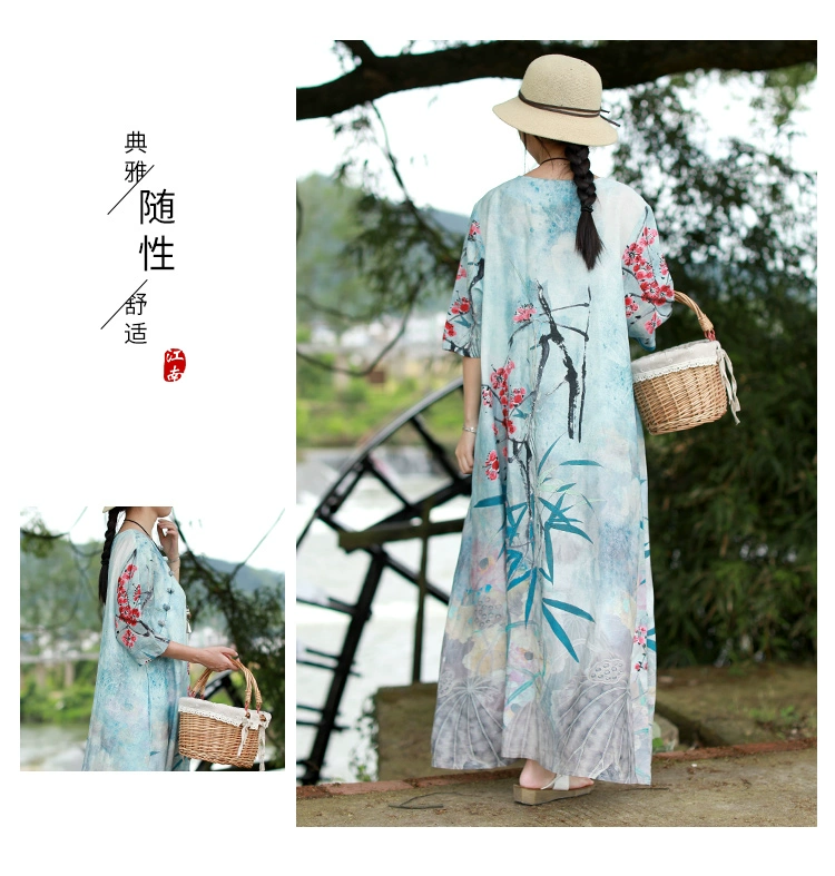 Trung Quốc phong cách ăn mặc nữ mùa hè phong cách mới in ngắn tay rộng giữa chiều dài văn học retro phong cách dân tộc phụ nữ - váy đầm
