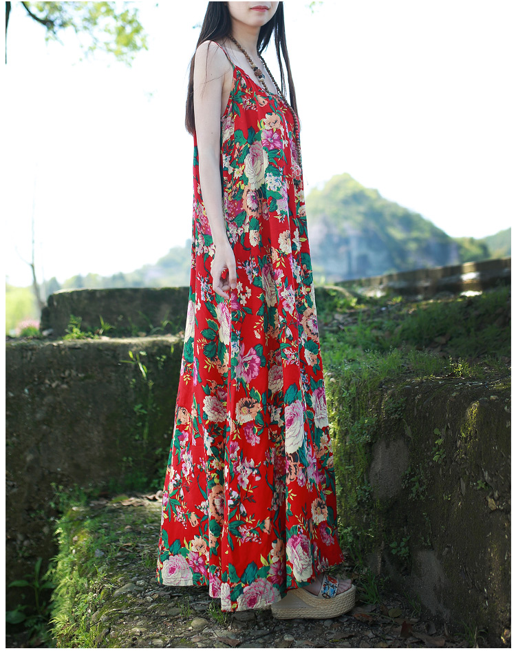 民族风连衣裙女夏2017红色复古一字肩吊带裙