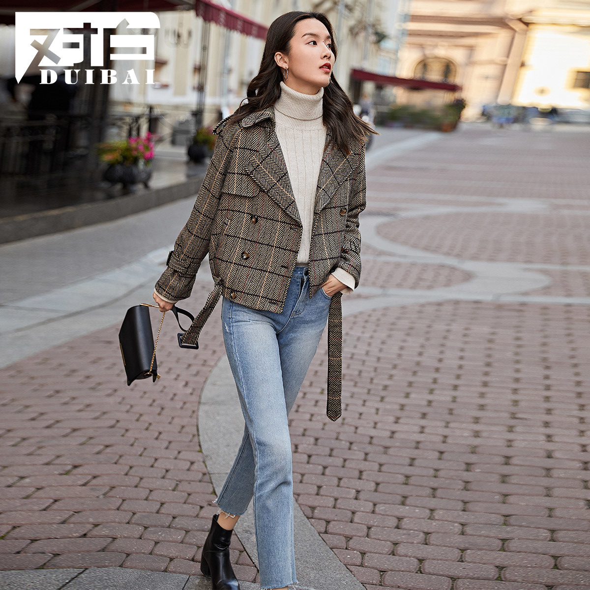 For white retro plaid short fur coats women small sub-winter-style double-row buttoned with bigcoat