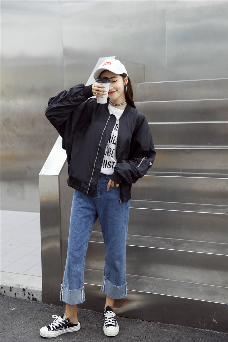 2017秋装新款韩版纯色刺绣bf港风棒球服女宽松长袖夹克学生短 黑色