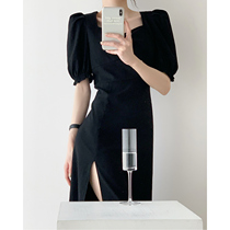 Black dress female fried street 2021 summer new waist thin temperament Hepburn wind bubble sleeve French split skirt