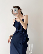 Midnight blue long suspender dress high glossy oblique wave careful machine V-neck ruffle skirt dress