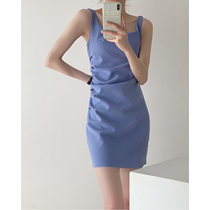 French bag hip small black dress hot girl high waist thin sexy sleeveless blue Ken bean sling pleated dress female summer