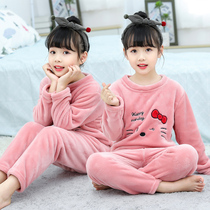 Childrens flannel pajamas autumn and winter girls lovely coral velvet home dress boybaby with cap thickness warm suit