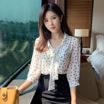 2021 spring and summer new small shirt white polka dot chiffon top three-point sleeve Western style fashion temperament bow shirt