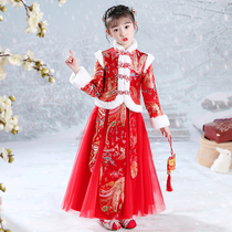 Childrens cheongsam red Chinese style Tang dress girl Hanfu skirt autumn and winter New year dress winter fair clothing