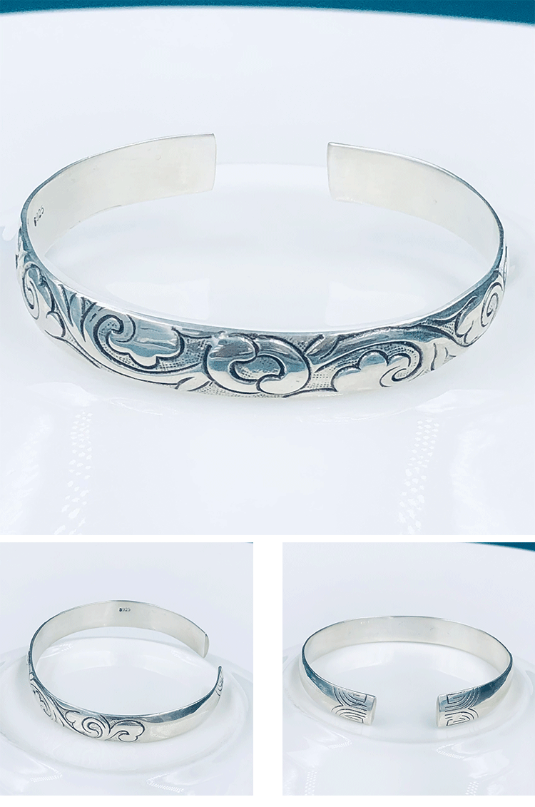 纯925银花朵花纹花瓣泰银手镯花朵图案民族风小清新银饰女银手镯