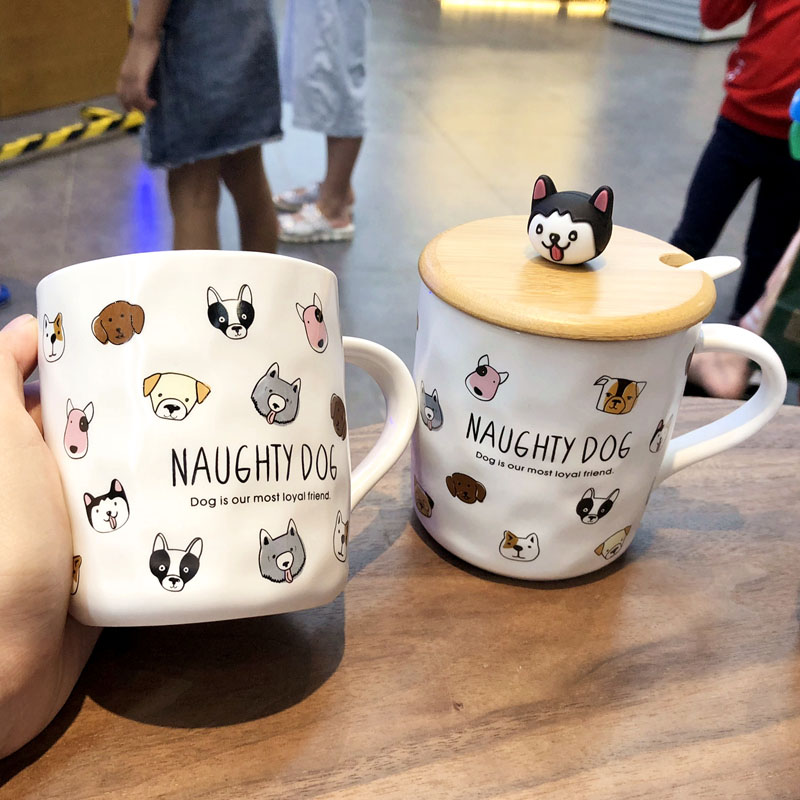 South Korean cartoon dog lovely ceramic coffee keller with spoon, female students creative art water cup milk