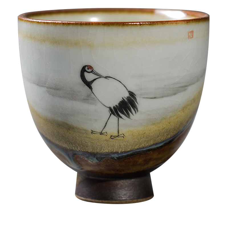 The Poly real scene coarse pottery teacup Japanese kung fu masters cup hand - made crane dance piece of retro firewood footed by hand