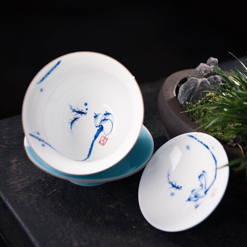 Poly real view jingdezhen under high temperature and the lake blue glaze manual hand - made ceramic tureen three fish lotus tureen