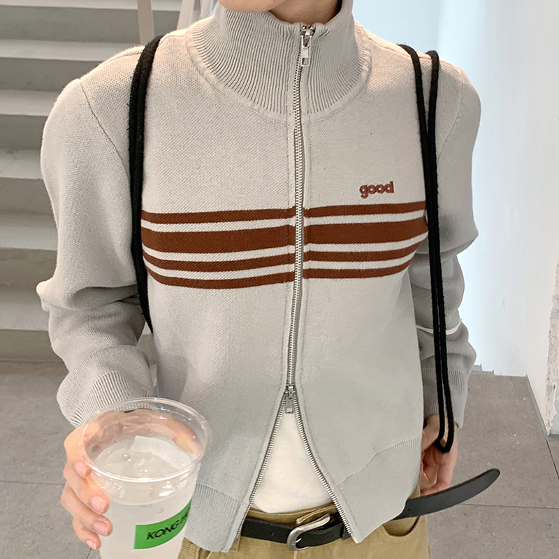 美好商店MeihaoStore条纹短款修身双向拉链开衫高领毛衣针织衫