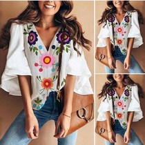 Women Korean Plus Size trumpet sleeve printing T-shirt Tops