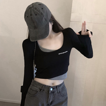 Black Fake Two long sleeve coats Short Dew Navel High Waist Tax Skin T-shirts Skin-beaten Sweater Spring and Autumn