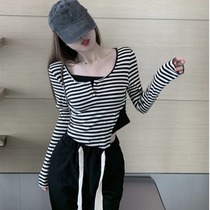 Early autumn 2021 new shirt two striped shoulder T - shirt irregularly lower waist short - line chic coat