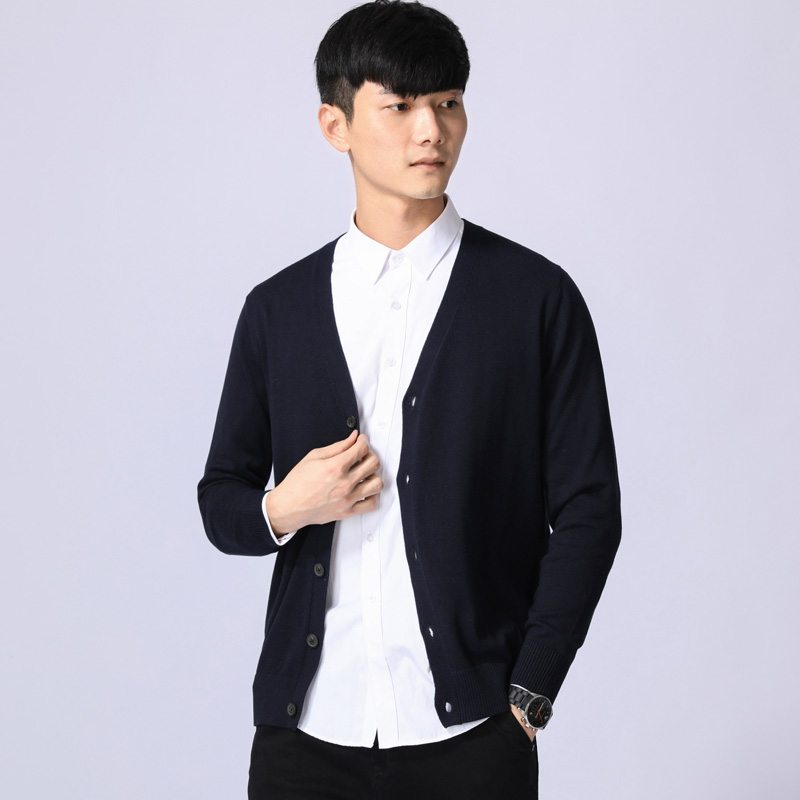 2019 Autumn Dress New Men Long Sleeve Knit Cardiovert Youth Pure Color V collar sweater Han version Sashimi Fur Coat