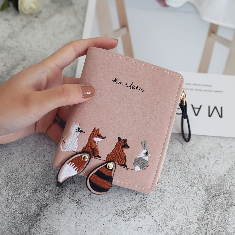 KISS ME2021 new ins wallet female short embroidered small animal cute 2 fold short simple student