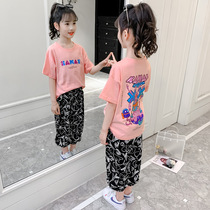 Girls suit summer new short-sleeved Korean version of the childrens two-piece set Girls in the big childrens casual T-shirt cartoon animation