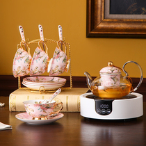 English bone china tea teapot with filter tea cup set light luxury glass boiled fruit afternoon tea set candle heating