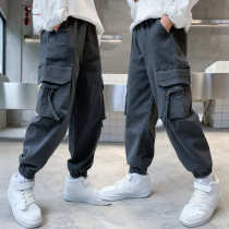 Boys overalls spring and autumn cotton big children boys autumn pants dark gray trousers Tide brand S21021
