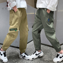 Boy khaki overalls spring and autumn children cotton casual trousers boy slim army green pants S0115