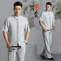 Chinese style new Hanfu Tang costume mens youth Chinese summer short sleeve cotton linen retro Zen clothing mens suit