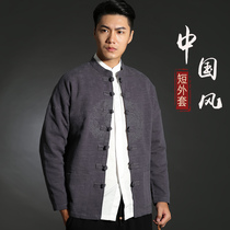 Chinese style mens spring and autumn Tang suit Chinese jacket mens Hanfu National style buckle jacket youth short tunic suit