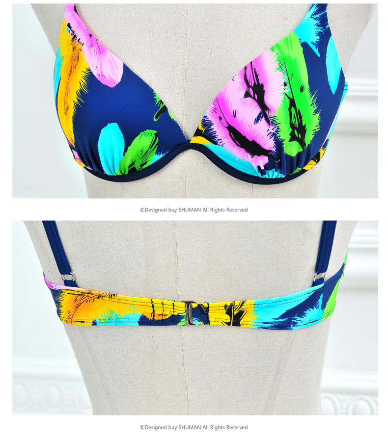 舒漫羽毛印花比基尼泳衣女小胸聚拢钢托bikini三件套性感游泳衣